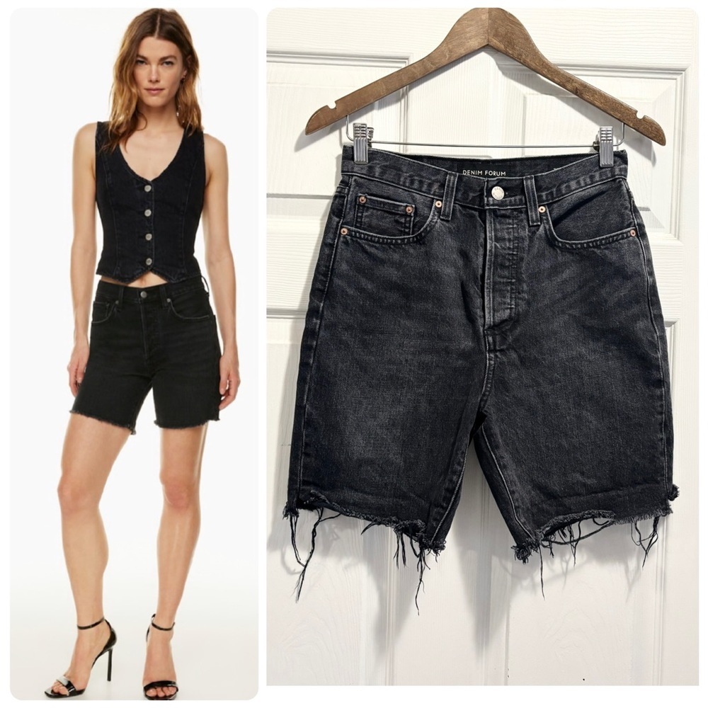 Aritzia Denim Forum The Yoko Long Short Jeans Black Wash Cut Off Frayed Hem 26